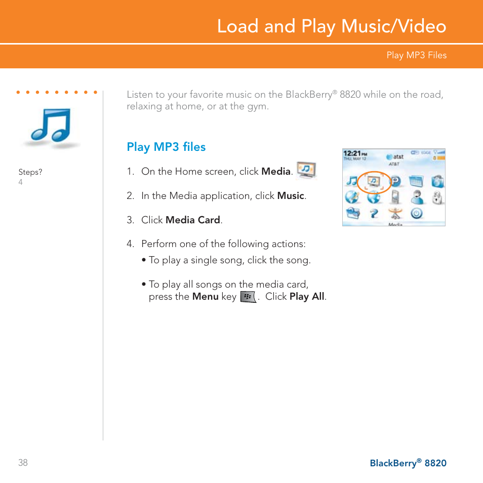 Load and play music/video, Play mp3 files | AT&T BLACKBERRY 8820 User Manual | Page 38 / 58