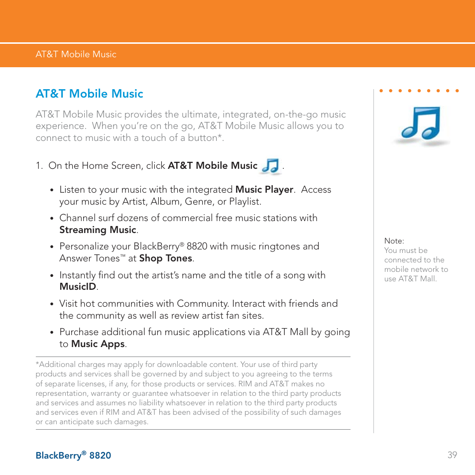At&t mobile music | AT&T BLACKBERRY 8820 User Manual | Page 39 / 58