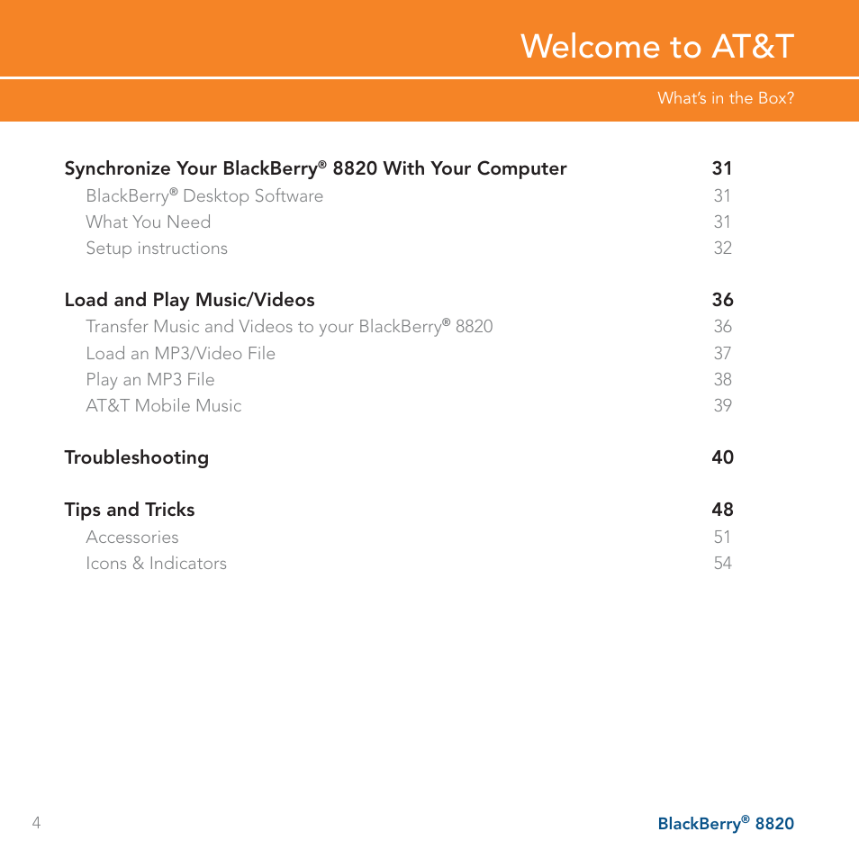 Welcome to at&t | AT&T BLACKBERRY 8820 User Manual | Page 4 / 58