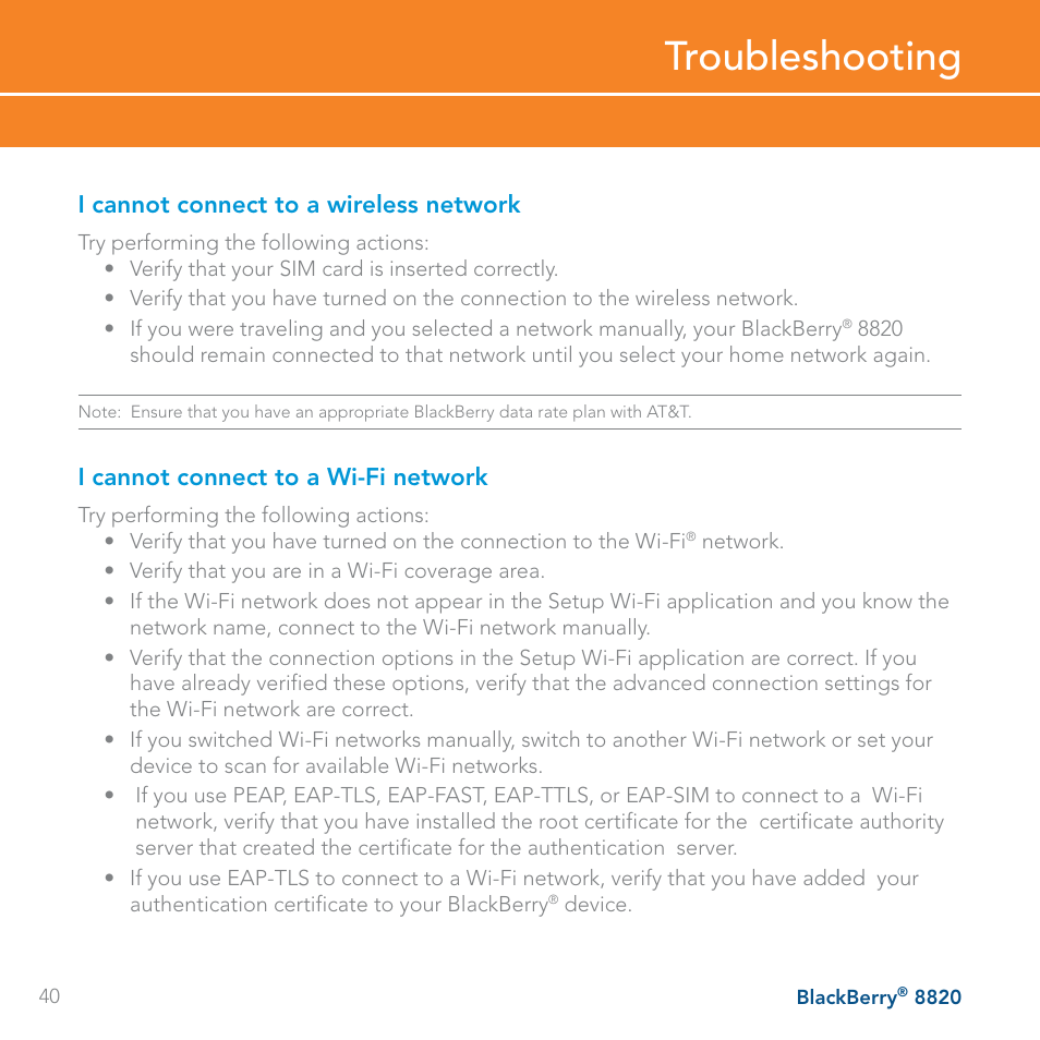 Troubleshooting | AT&T BLACKBERRY 8820 User Manual | Page 40 / 58