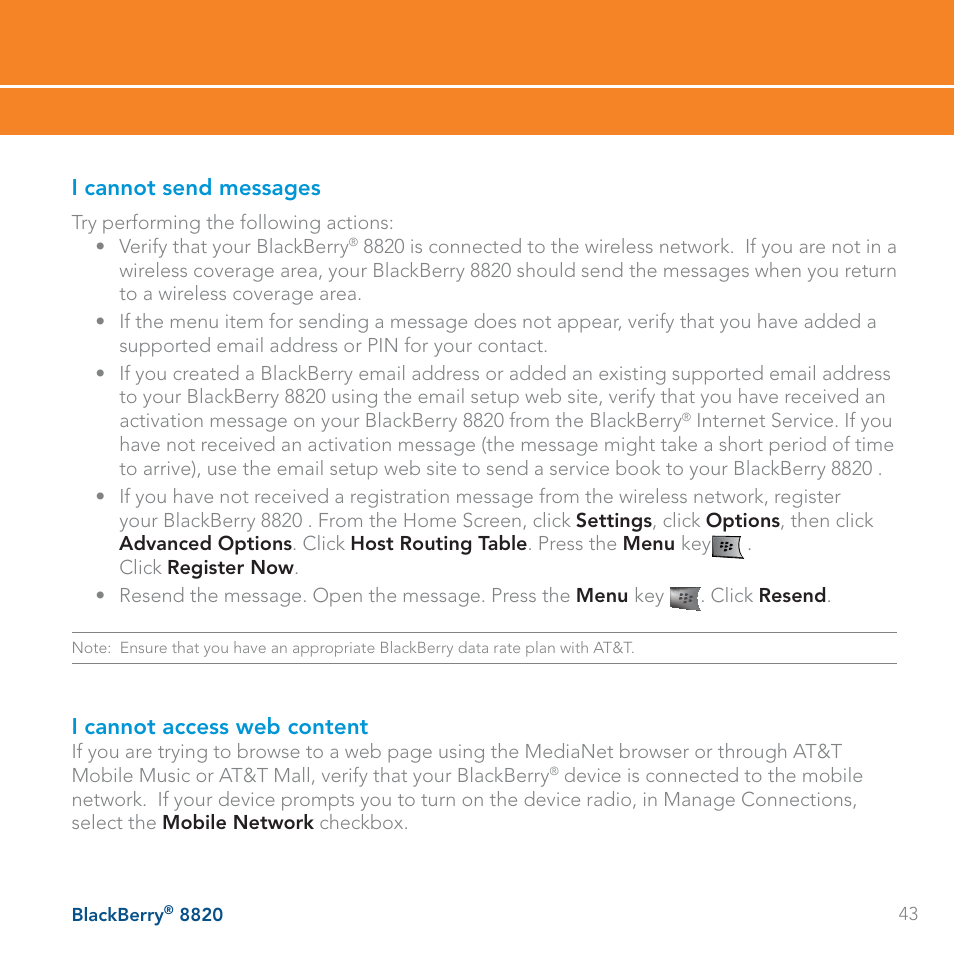 I cannot send messages, I cannot access web content | AT&T BLACKBERRY 8820 User Manual | Page 43 / 58