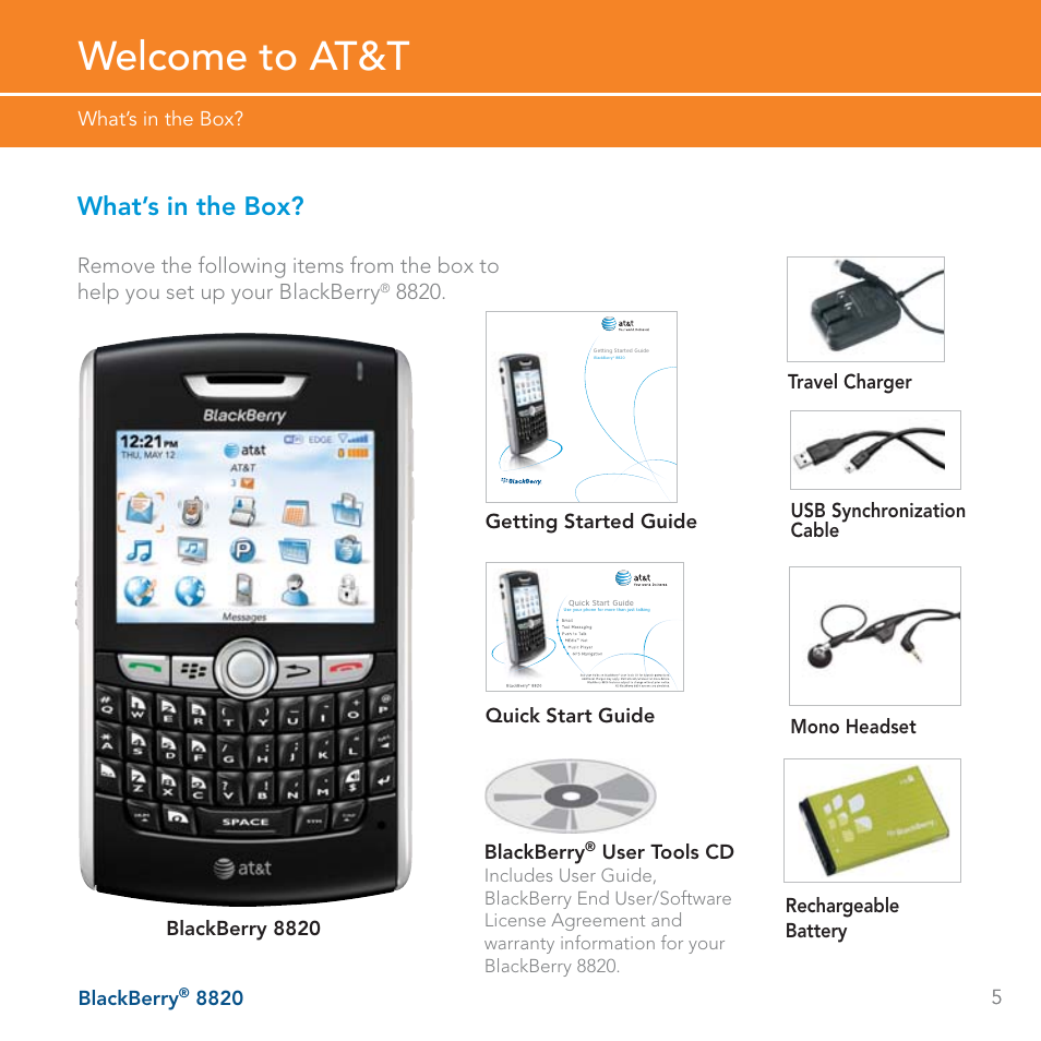 Welcome to at&t, What’s in the box | AT&T BLACKBERRY 8820 User Manual | Page 5 / 58