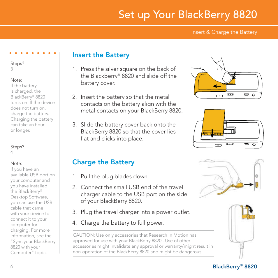 Set up your blackberry 8820, Insert the battery, Charge the battery | AT&T BLACKBERRY 8820 User Manual | Page 6 / 58