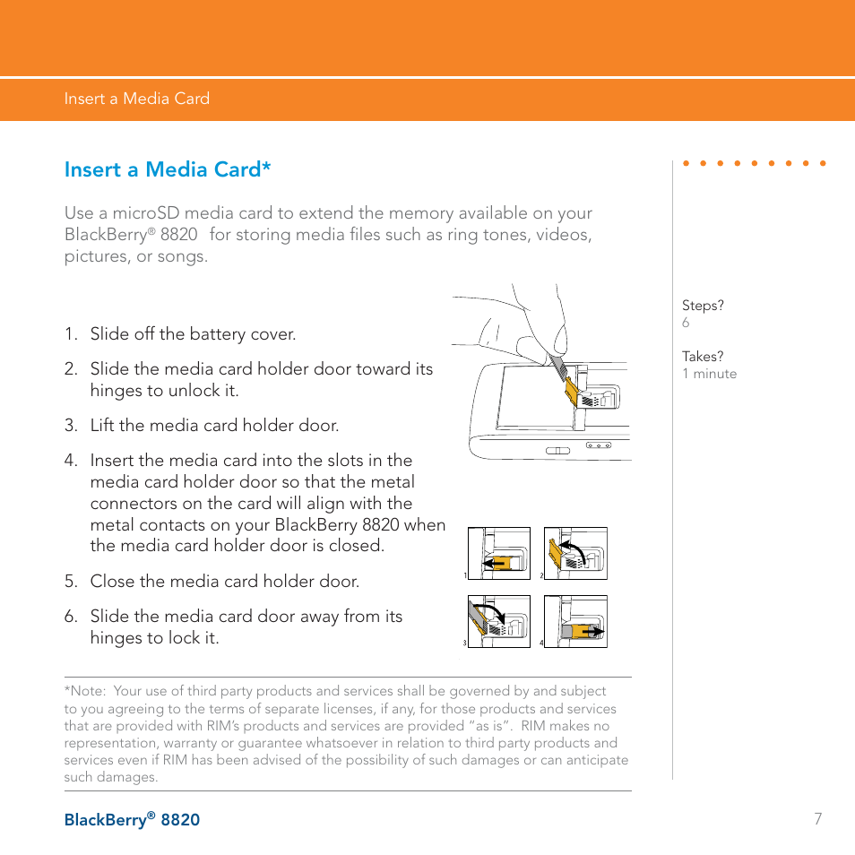 Insert a media card | AT&T BLACKBERRY 8820 User Manual | Page 7 / 58
