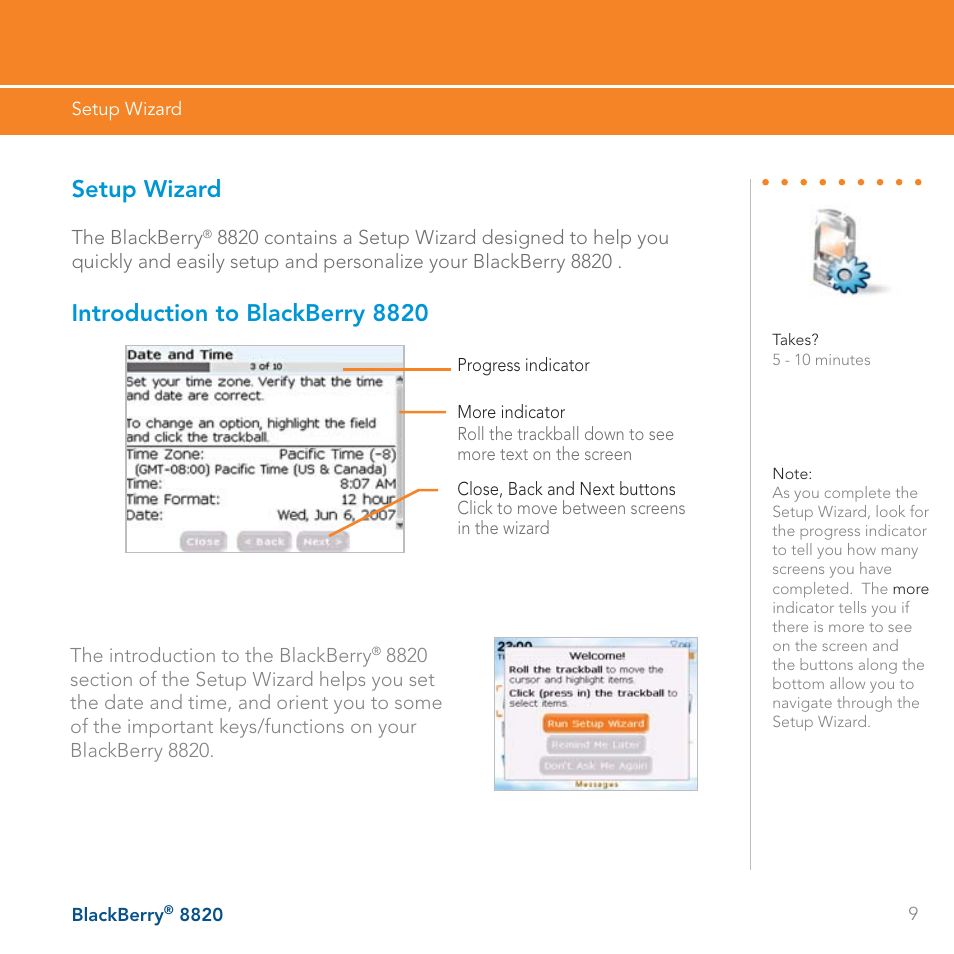 Setup wizard, Introduction to blackberry 8820 | AT&T BLACKBERRY 8820 User Manual | Page 9 / 58
