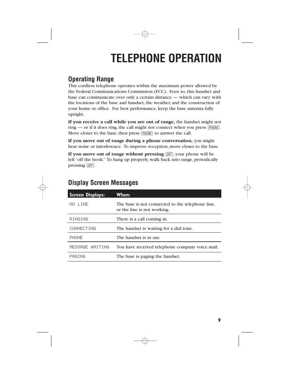 Telephone operation, Operating range, Display screen messages | AT&T 9345 User Manual | Page 12 / 23