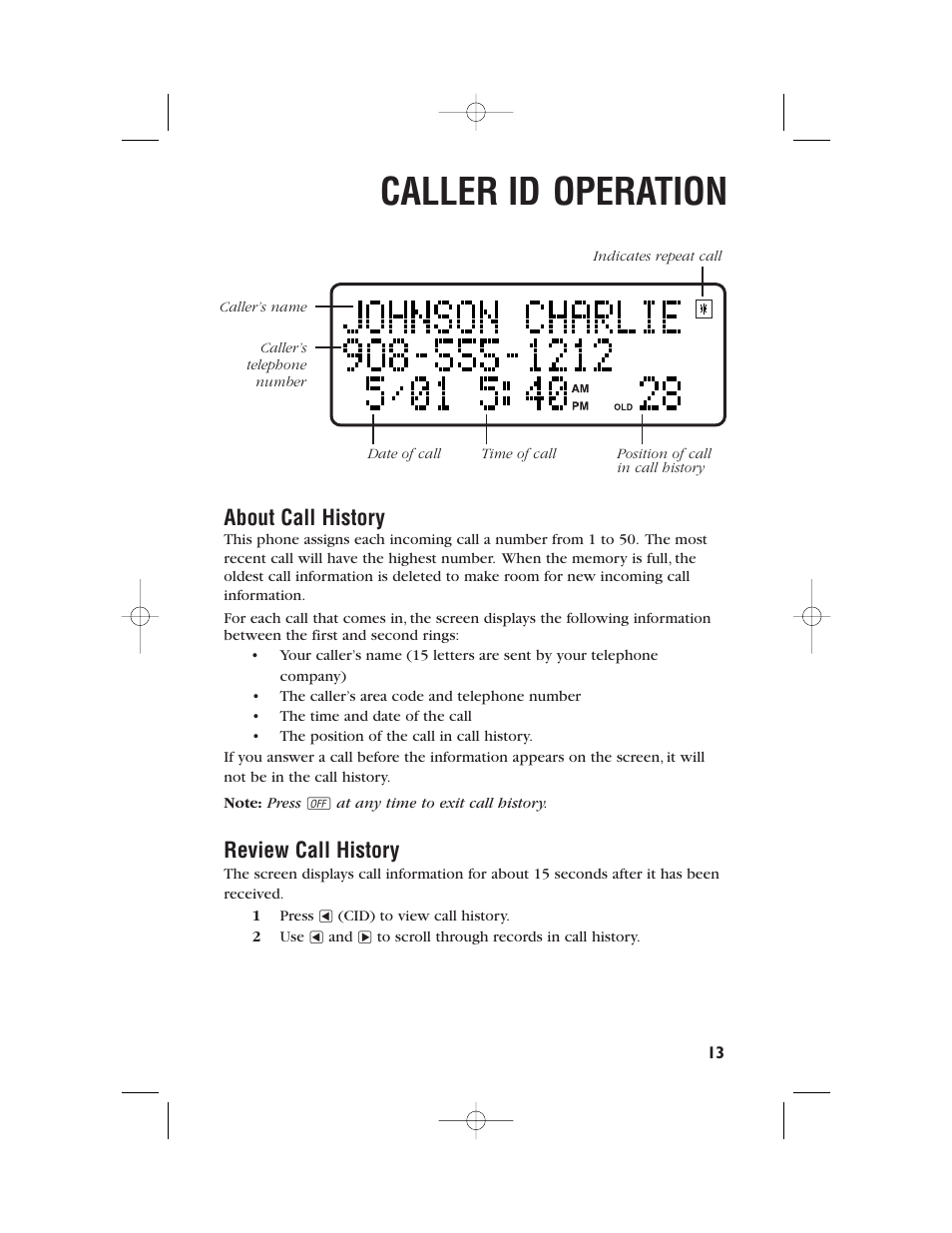 Caller id operation, About call history, Review call history | AT&T 9345 User Manual | Page 16 / 23