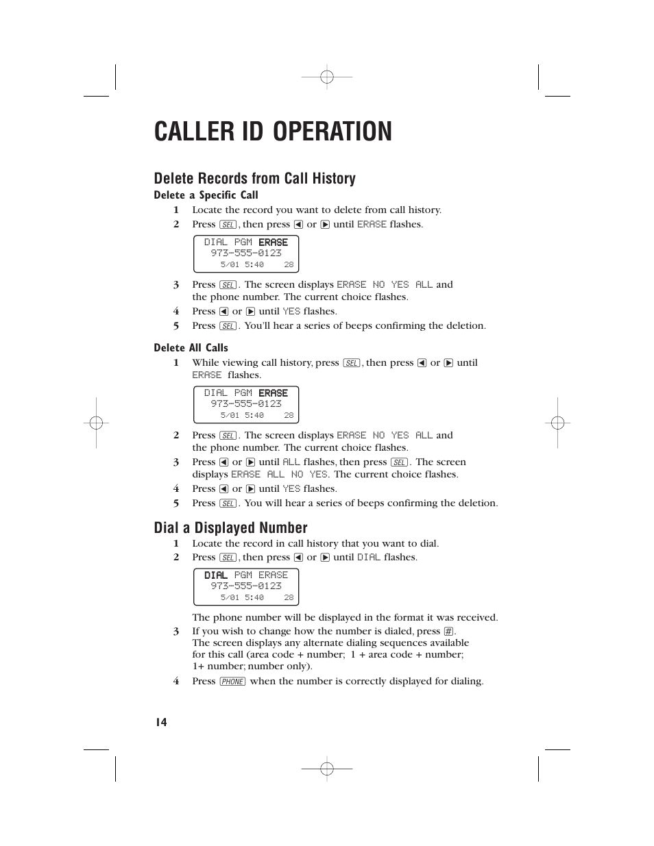 Caller id operation, Delete records from call history, Dial a displayed number | AT&T 9345 User Manual | Page 17 / 23