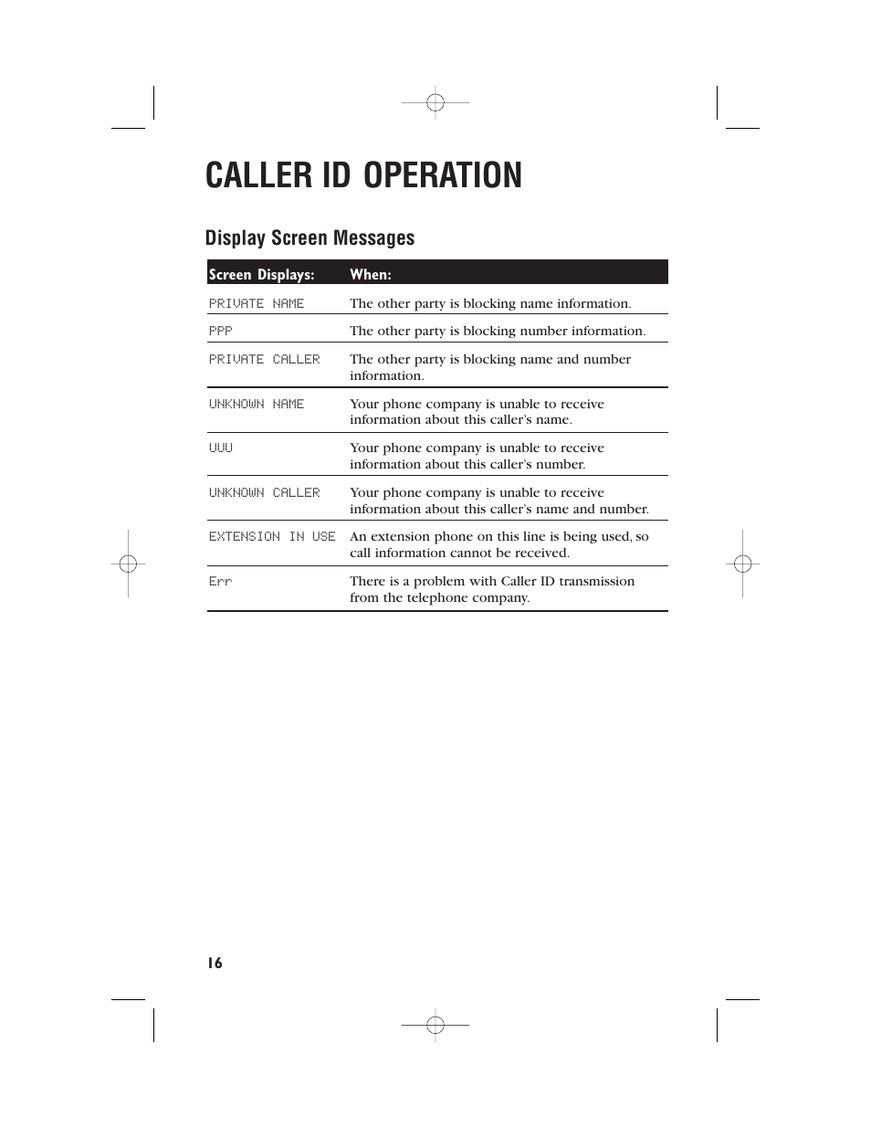 Caller id operation, Display screen messages | AT&T 9345 User Manual | Page 19 / 23