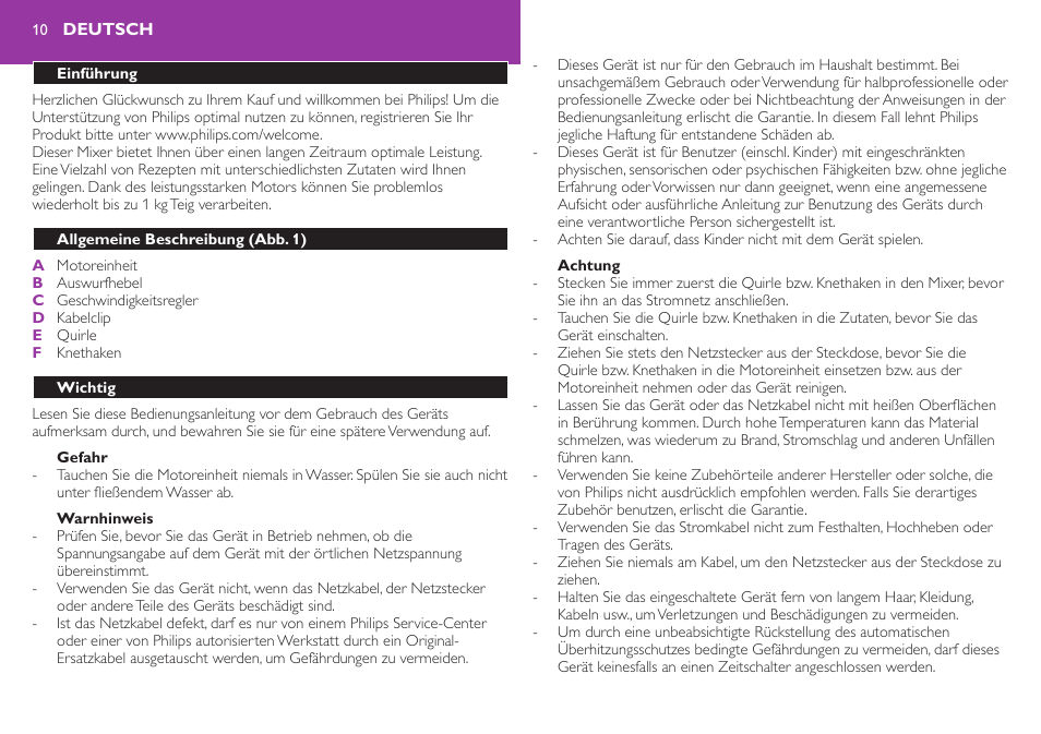 Gefahr, Warnhinweis, Deutsch | Einführung, Allgemeine beschreibung (abb. 1), Wichtig | Philips Robust Collection Batteur User Manual | Page 10 / 24