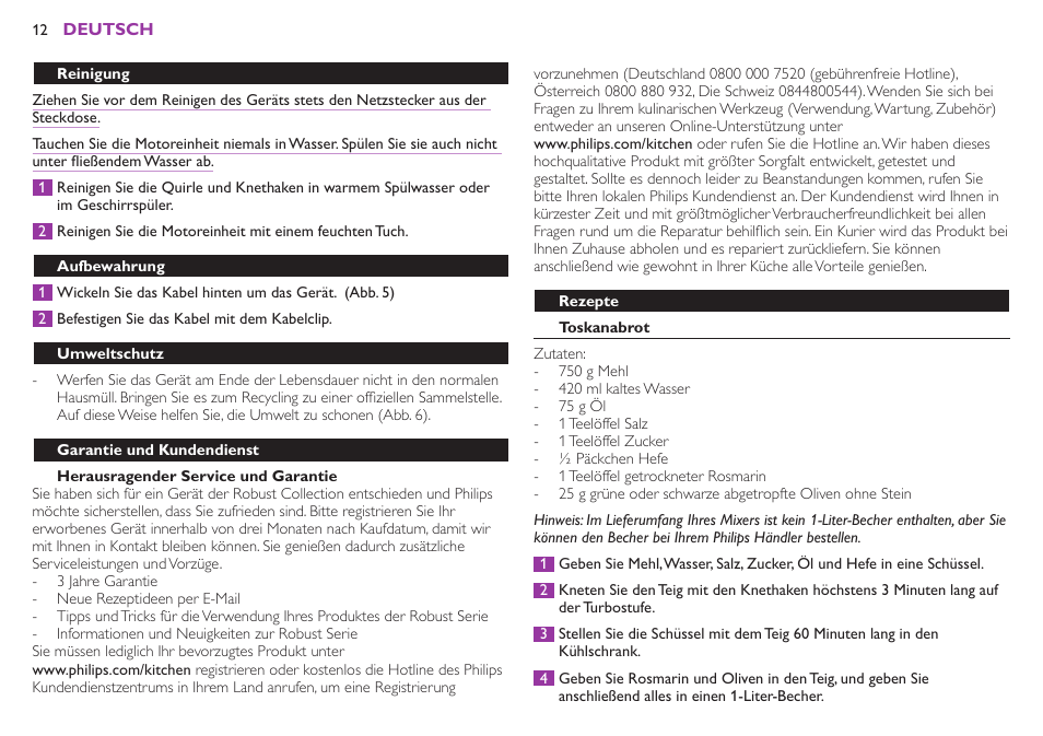 Überhitzungsschutz, Mengen und verarbeitungszeiten, Das gerät benutzen | Philips Robust Collection Batteur User Manual | Page 12 / 24