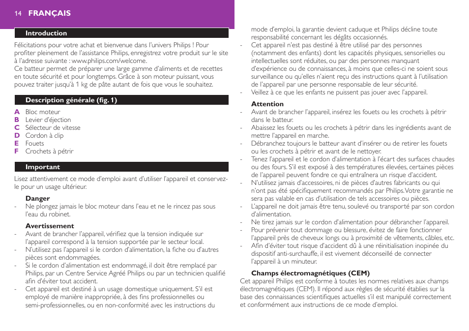 Danger, Avertissement, Français | Introduction, Description générale (fig. 1), Important | Philips Robust Collection Batteur User Manual | Page 14 / 24