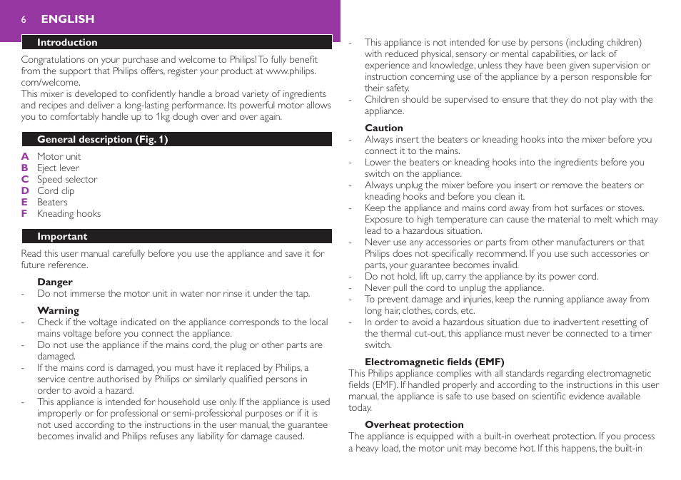 English, Introduction, General description (fig. 1) | Important, Danger, Warning | Philips Robust Collection Batteur User Manual | Page 6 / 24