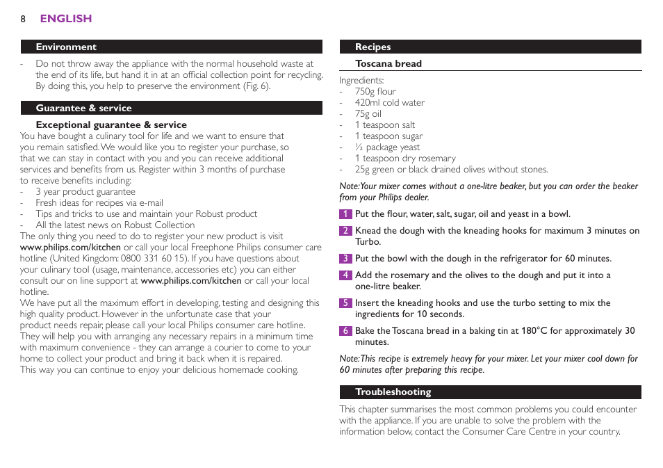 Using the appliance, Quantities and processing times | Philips Robust Collection Batteur User Manual | Page 8 / 24