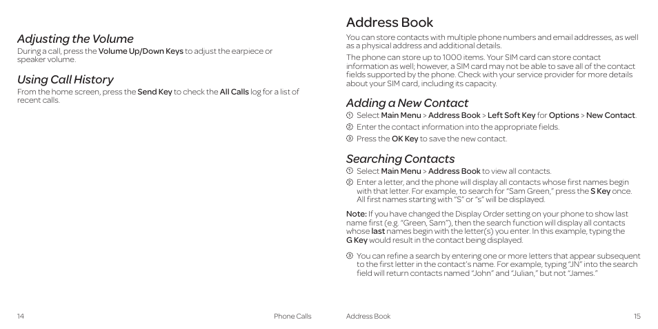 Address book, Adjusting the volume, Using call history | Adding a new contact, Searching contacts | AT&T Z431 User Manual | Page 11 / 40
