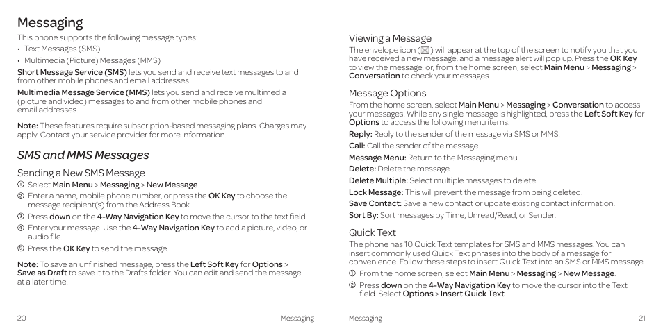 Messaging, Sms and mms messages | AT&T Z431 User Manual | Page 14 / 40