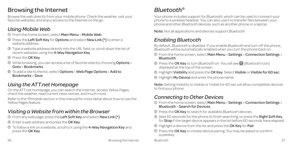 Browsing the internet, Bluetooth, Using mobile web | Visiting a website from within the browser, Enabling bluetooth, Connecting to other devices | AT&T Z431 User Manual | Page 17 / 40