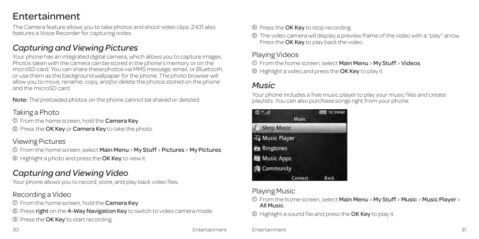 Entertainment, Capturing and viewing pictures, Capturing and viewing video | Music | AT&T Z431 User Manual | Page 19 / 40