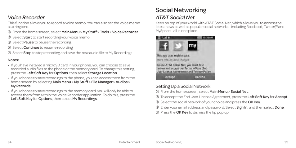 Social networking, Voice recorder, At&t social net | AT&T Z431 User Manual | Page 21 / 40