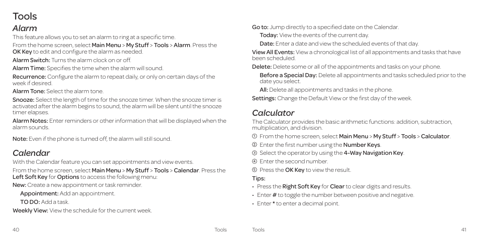 Tools, Alarm, Calendar | Calculator | AT&T Z431 User Manual | Page 24 / 40