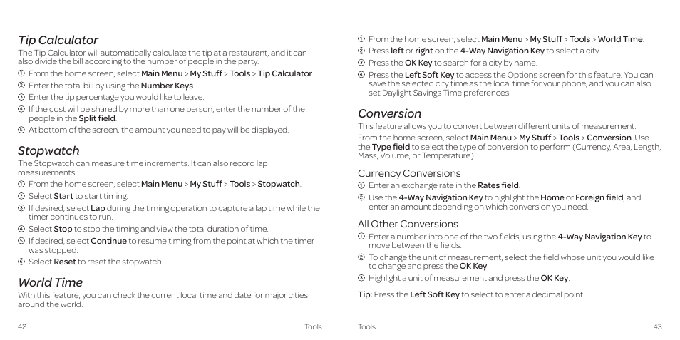Tip calculator, Stopwatch, World time | Conversion | AT&T Z431 User Manual | Page 25 / 40