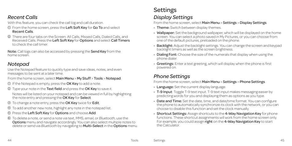 Settings, Recent calls, Display settings | Phone settings | AT&T Z431 User Manual | Page 26 / 40