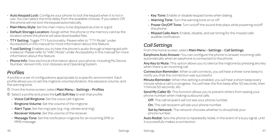 Profiles, Call settings | AT&T Z431 User Manual | Page 27 / 40