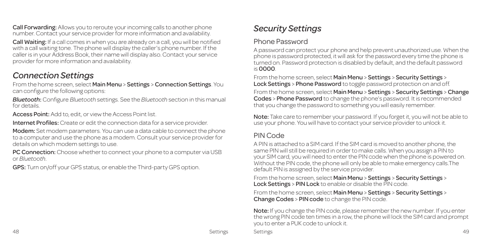 Connection settings, Security settings | AT&T Z431 User Manual | Page 28 / 40