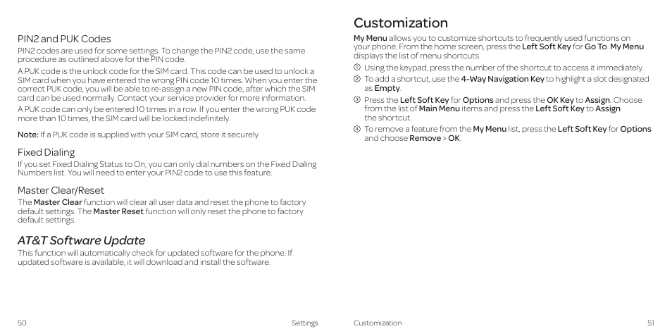 Customization, At&t software update | AT&T Z431 User Manual | Page 29 / 40