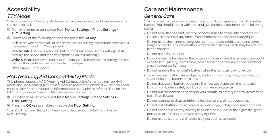 Accessibility, Care and maintenance, Tty mode | Hac (hearing aid compatibility) mode, General care | AT&T Z431 User Manual | Page 30 / 40