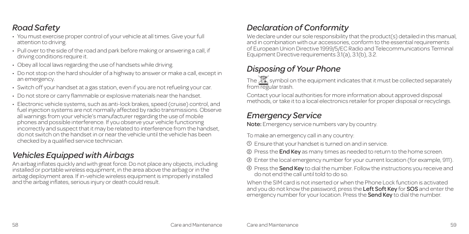 Road safety, Vehicles equipped with airbags, Declaration of conformity | Disposing of your phone, Emergency service | AT&T Z431 User Manual | Page 33 / 40