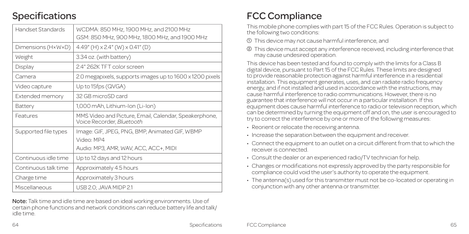 Specifications, Fcc compliance | AT&T Z431 User Manual | Page 36 / 40