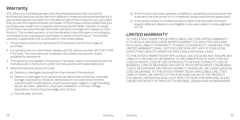 Warranty, Limited warranty | AT&T Z431 User Manual | Page 38 / 40