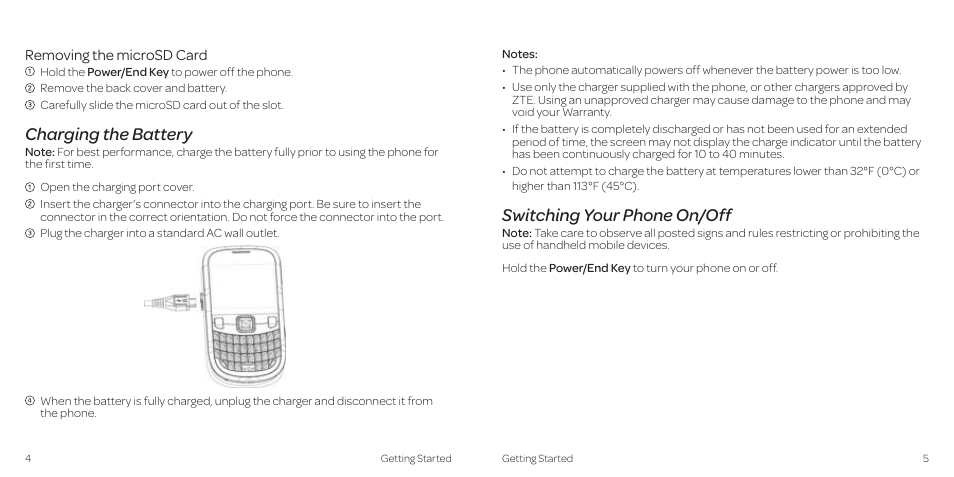 Charging the battery, Switching your phone on/off | AT&T Z431 User Manual | Page 6 / 40