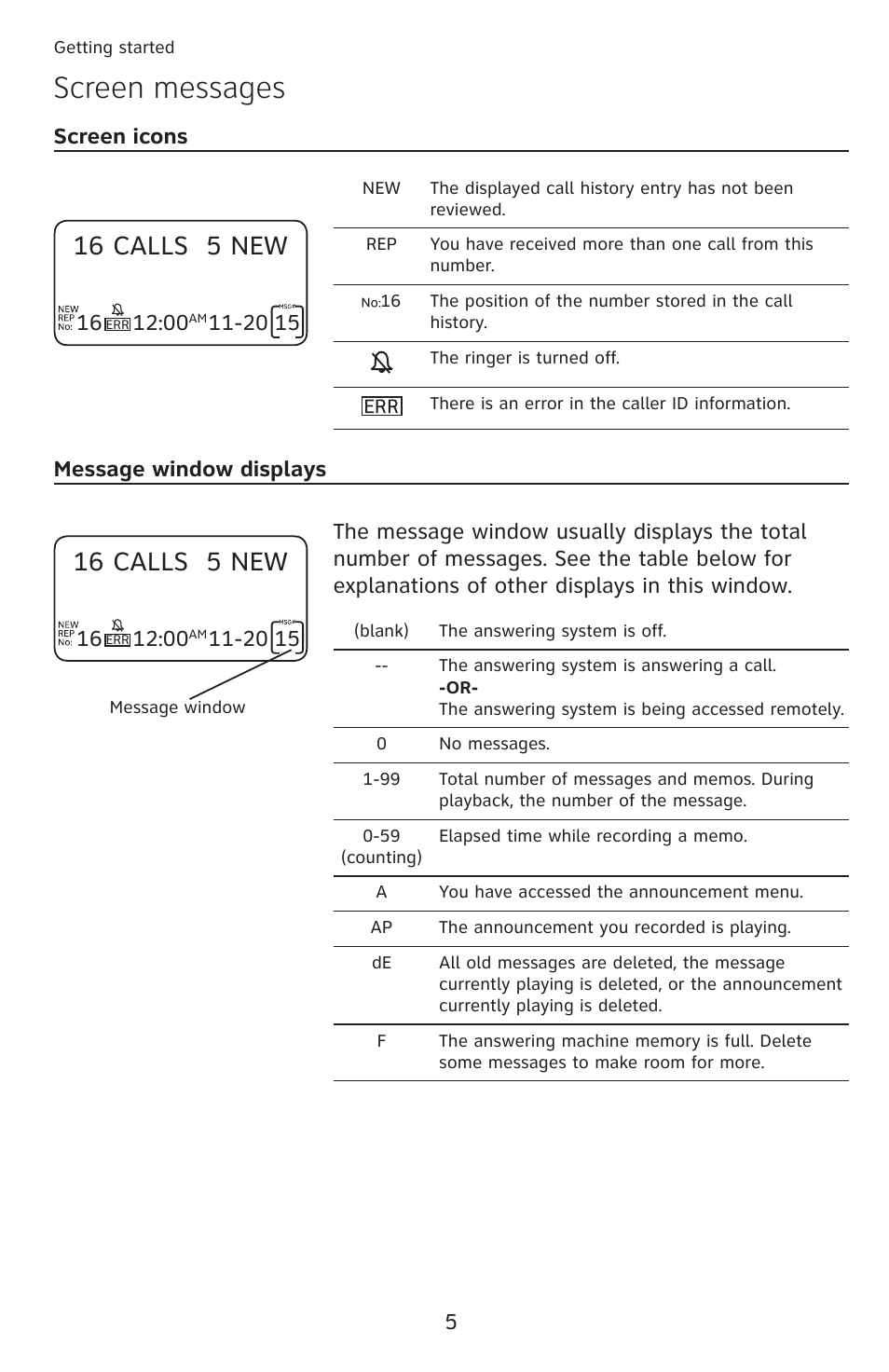 Screen messages, 16 calls 5 new | AT&T CL4939 User Manual | Page 11 / 77