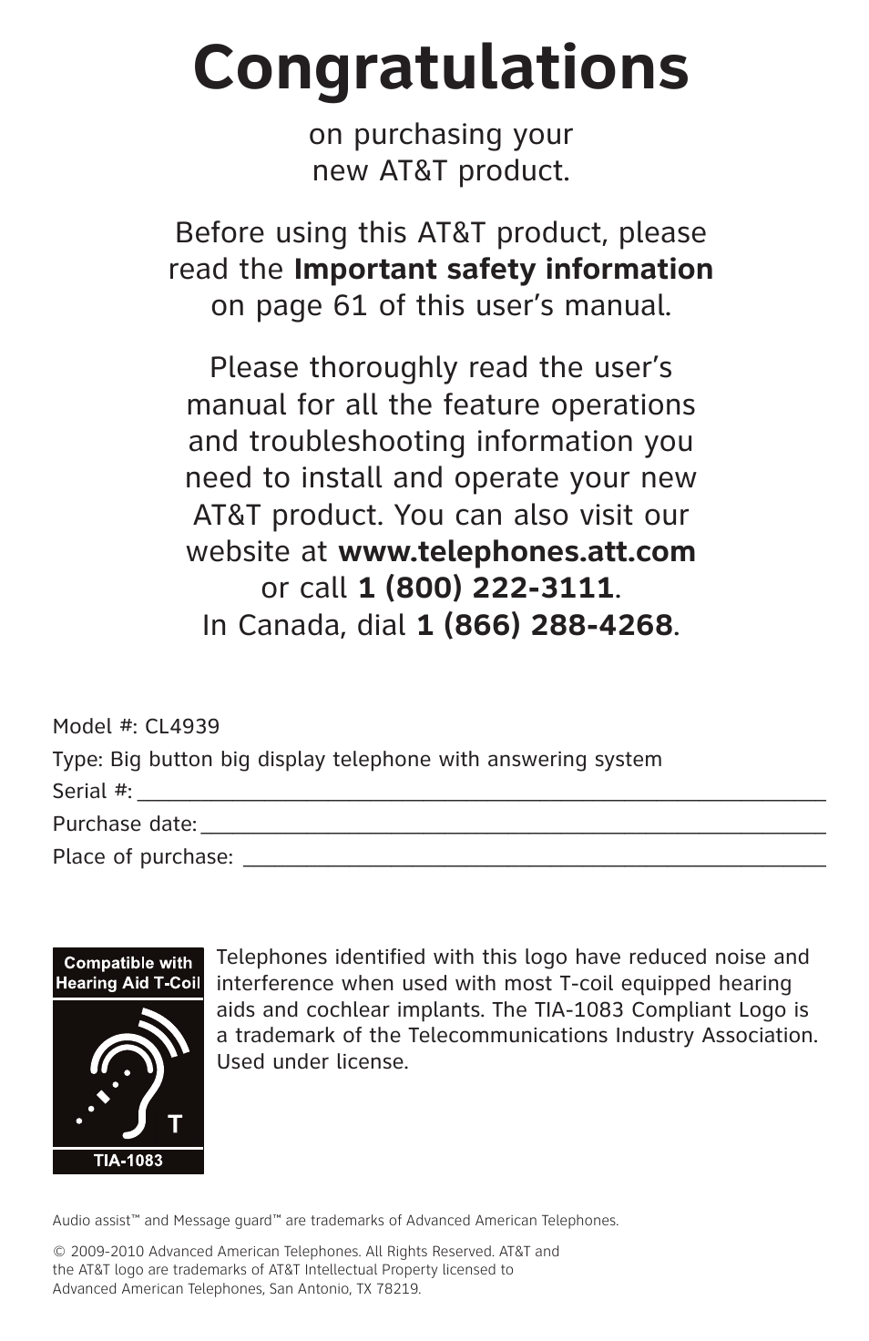 AT&T CL4939 User Manual | Page 2 / 77