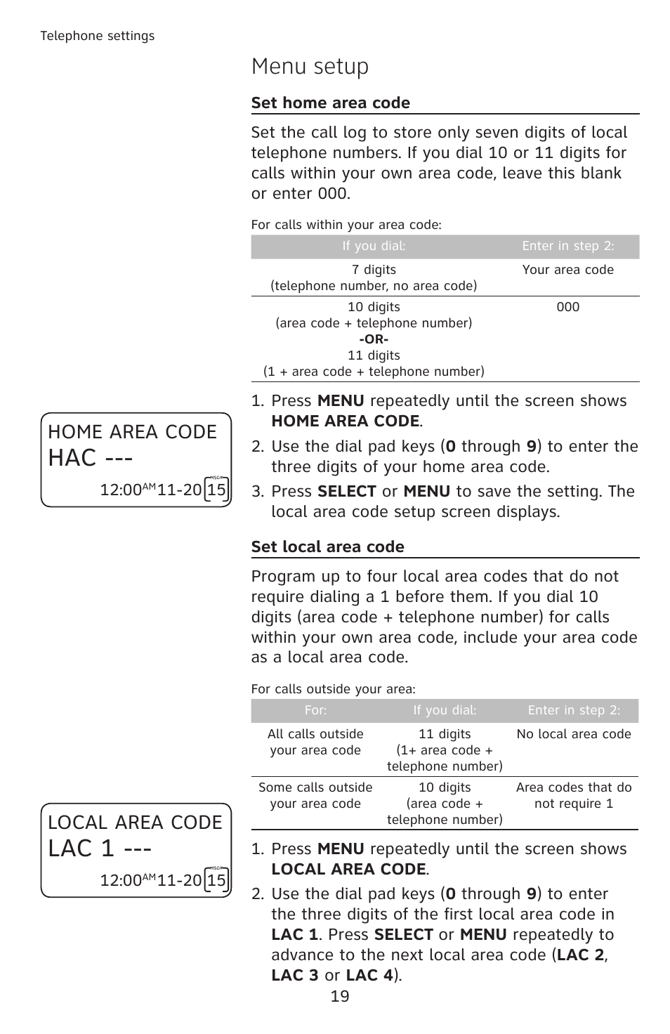 Lac 1, Menu setup, Home area code | Local area code | AT&T CL4939 User Manual | Page 25 / 77