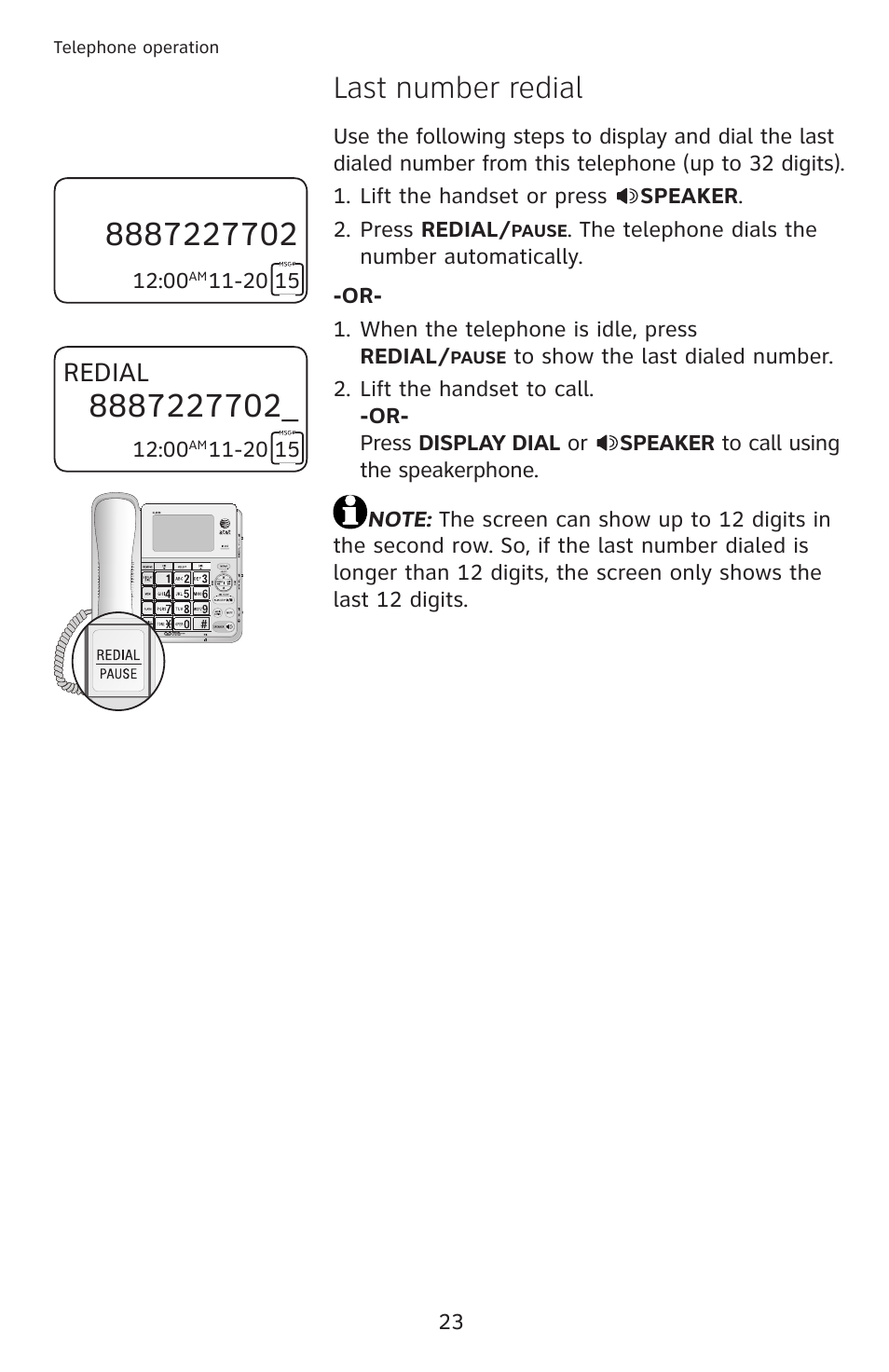 Last number redial, Redial | AT&T CL4939 User Manual | Page 29 / 77
