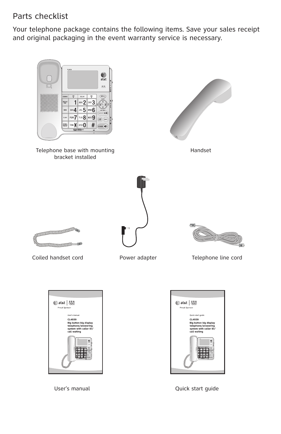 Parts checklist | AT&T CL4939 User Manual | Page 3 / 77