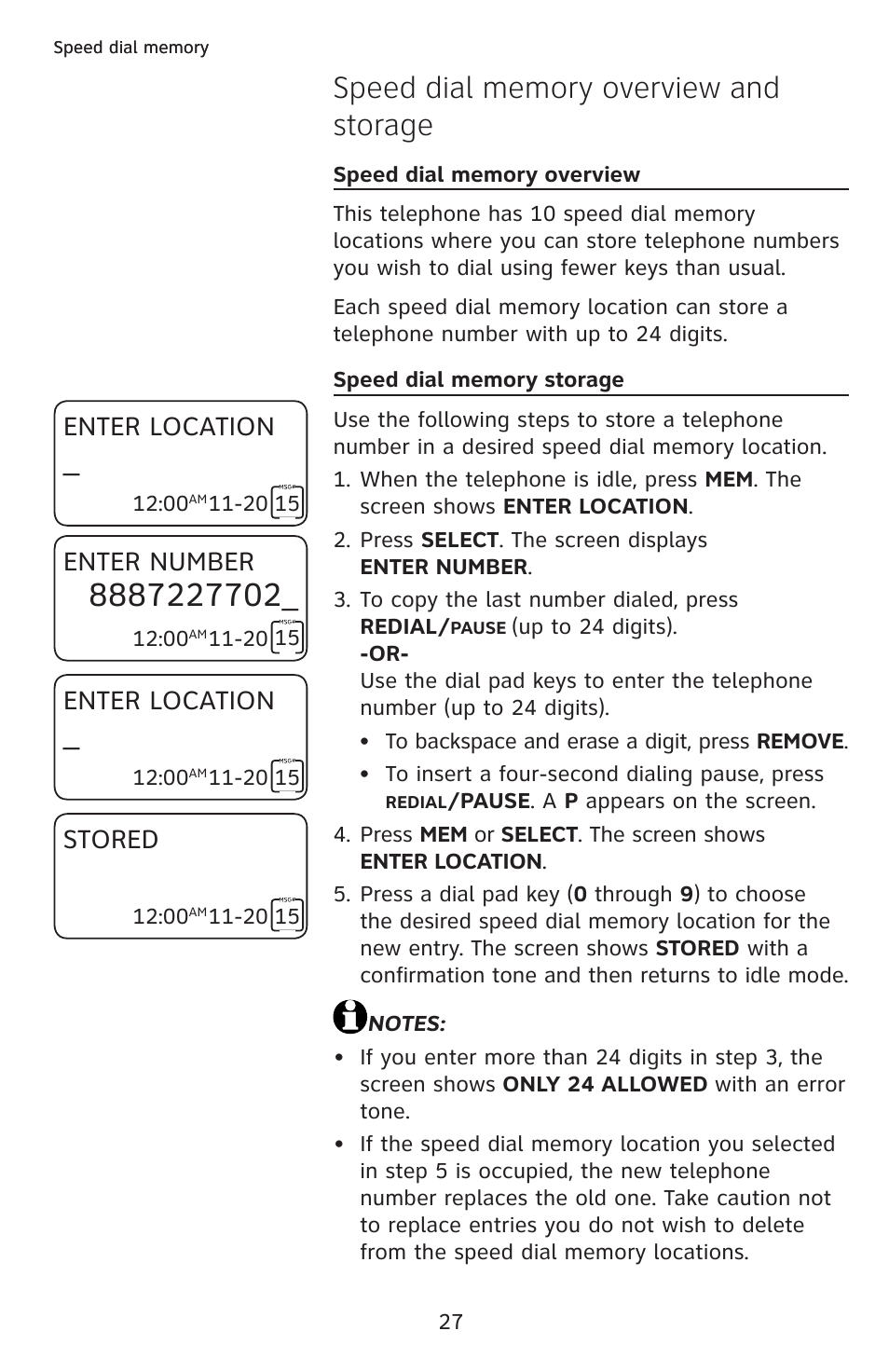 Enter number, Enter location, Stored | AT&T CL4939 User Manual | Page 33 / 77