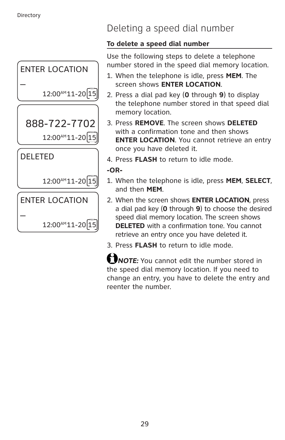 Deleting a speed dial number, Enter location, Deleted | AT&T CL4939 User Manual | Page 35 / 77