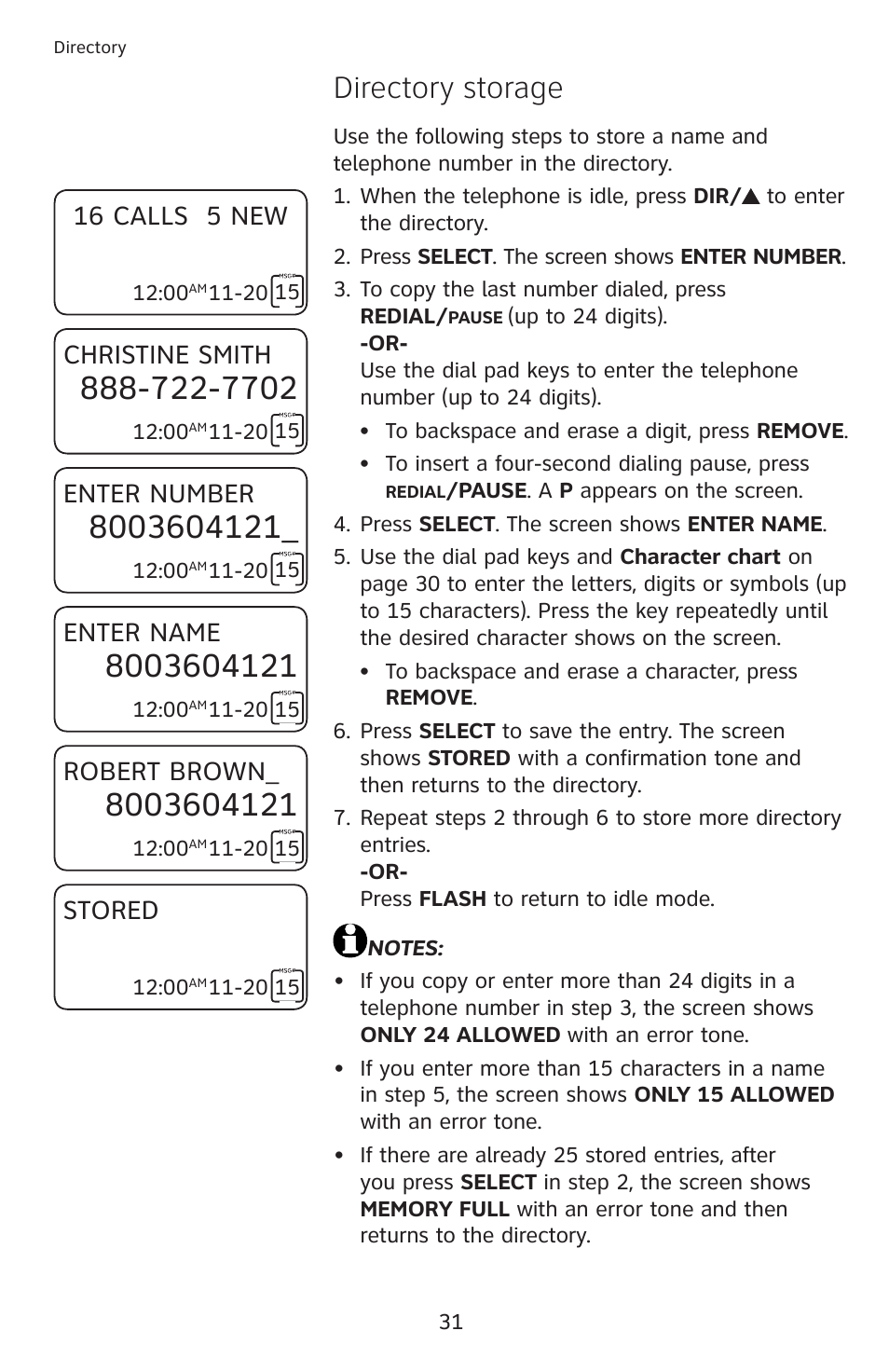 Directory storage, 16 calls 5 new, Christine smith | Robert brown, Enter number, Enter name, Stored | AT&T CL4939 User Manual | Page 37 / 77