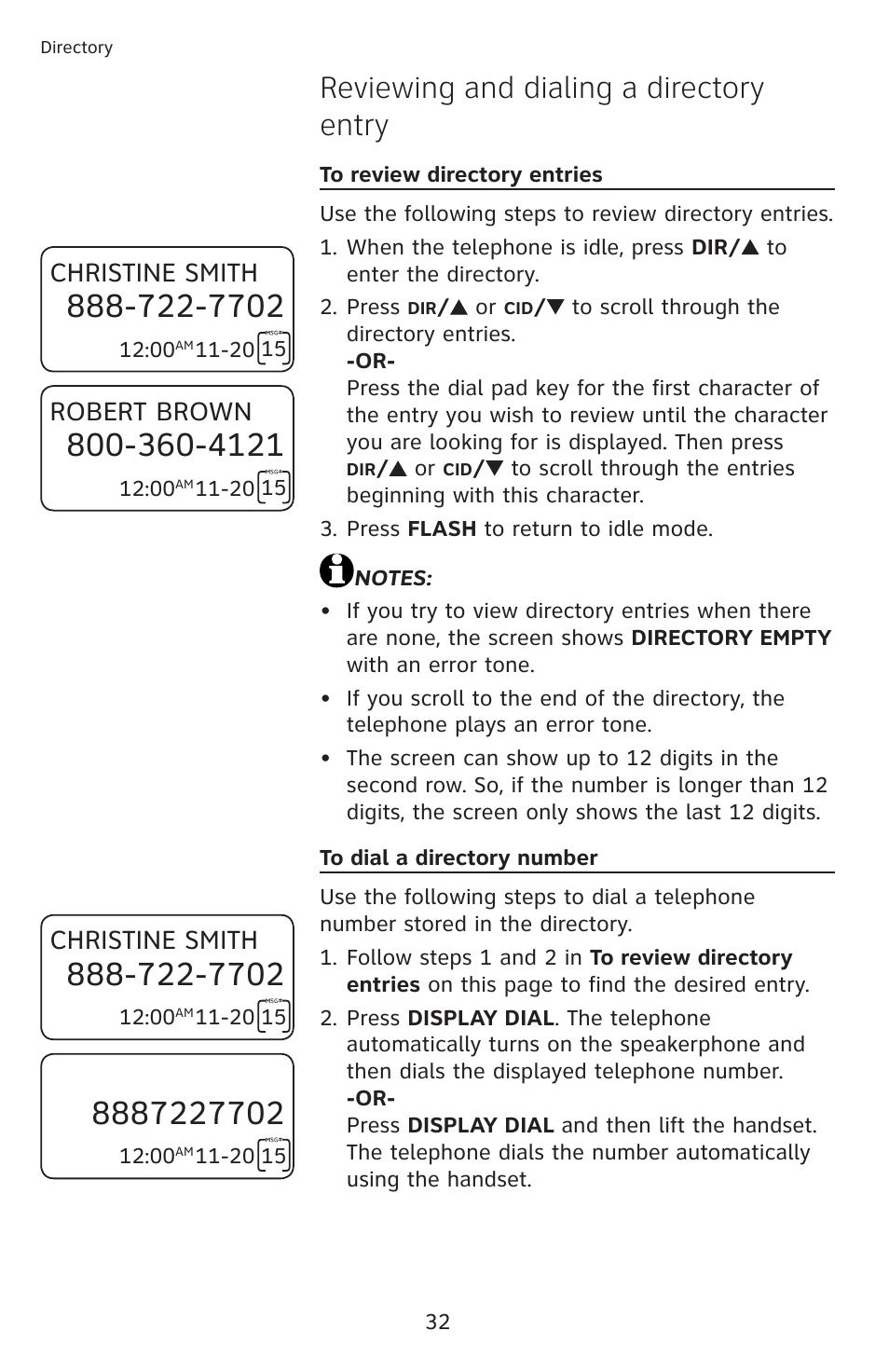 Reviewing and dialing a directory entry, Christine smith, Robert brown | AT&T CL4939 User Manual | Page 38 / 77