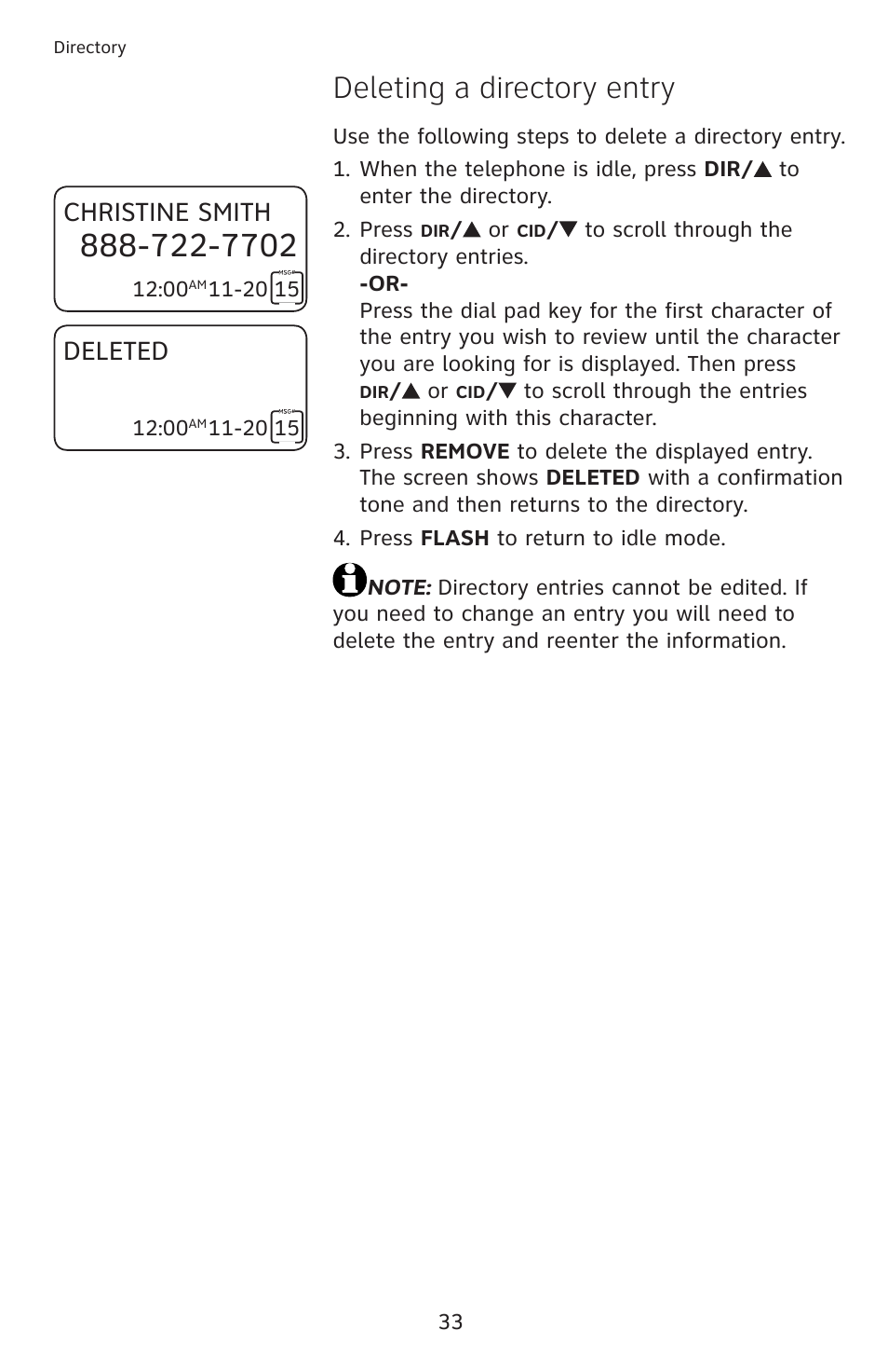 Deleting a directory entry, Christine smith, Deleted | AT&T CL4939 User Manual | Page 39 / 77