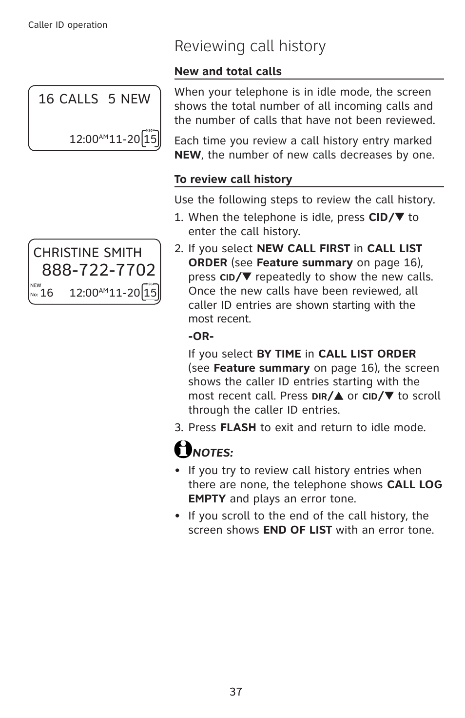 Reviewing call history, 16 calls 5 new, Christine smith | AT&T CL4939 User Manual | Page 43 / 77