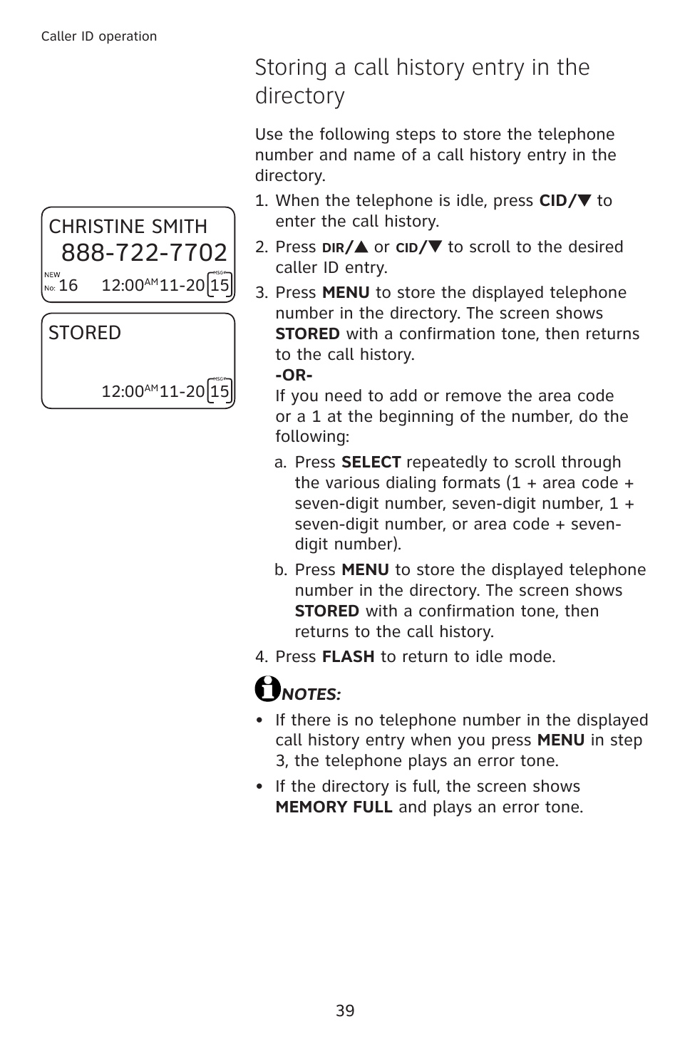 Storing a call history entry in the directory, Christine smith, Stored | AT&T CL4939 User Manual | Page 45 / 77
