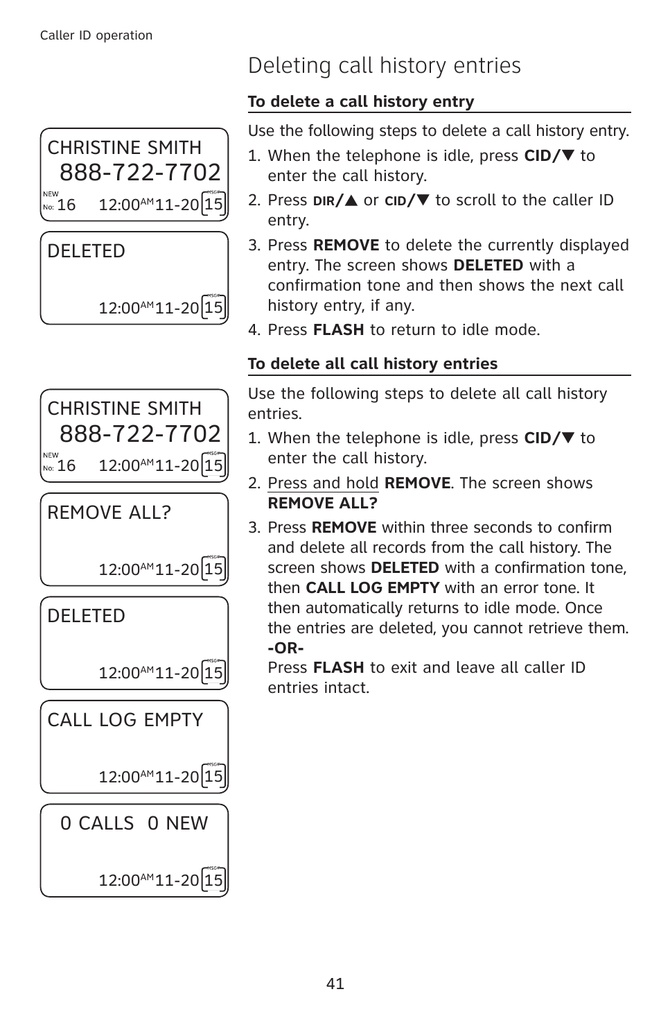 Deleting call history entries, Christine smith, Deleted | Remove all, Call log empty, 0 calls 0 new | AT&T CL4939 User Manual | Page 47 / 77