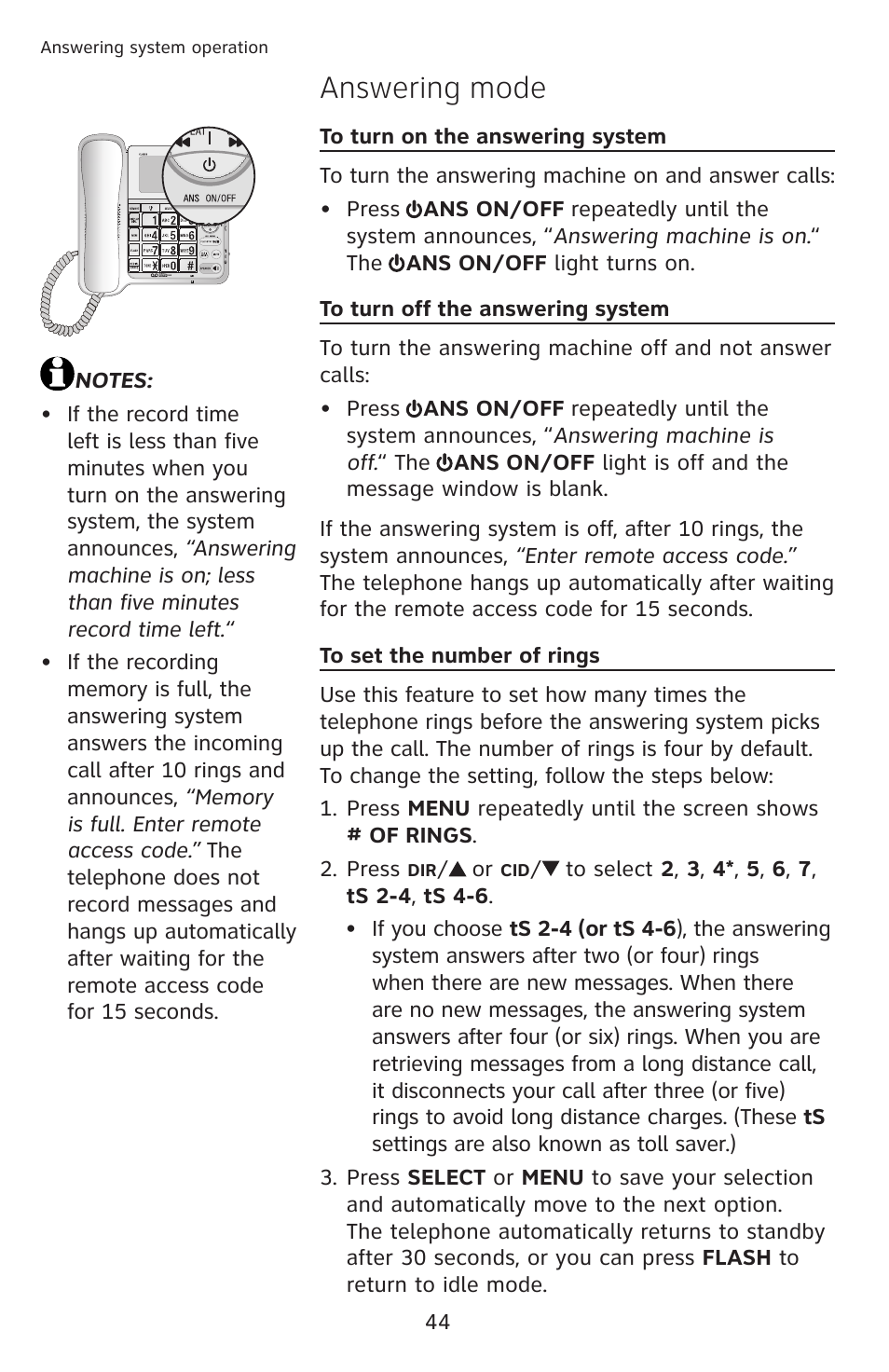 Answering mode | AT&T CL4939 User Manual | Page 50 / 77