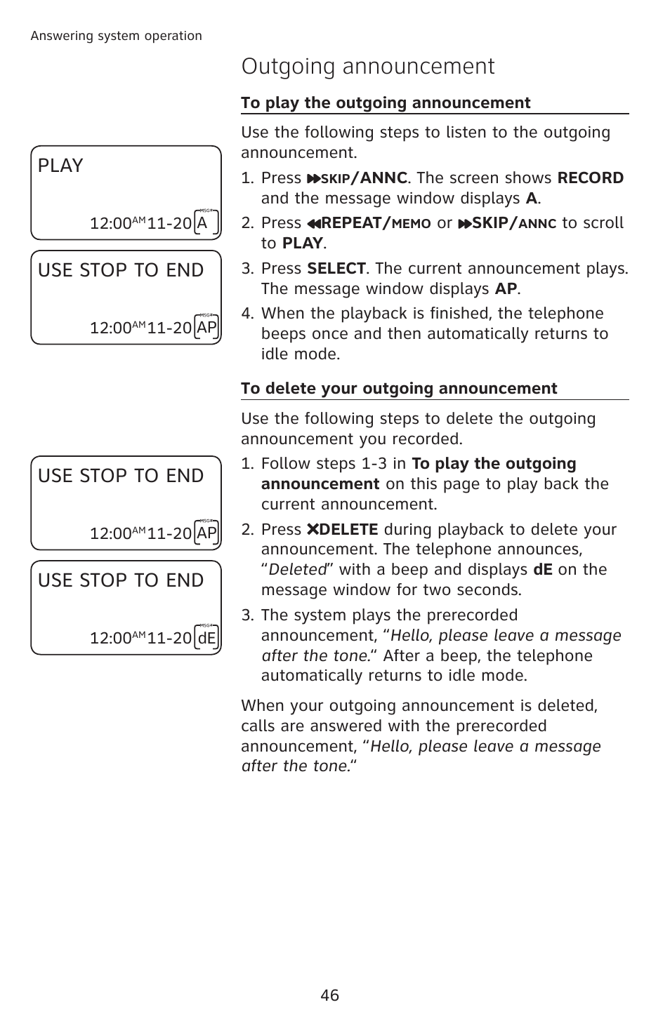 Outgoing announcement, Use stop to end, Play | AT&T CL4939 User Manual | Page 52 / 77