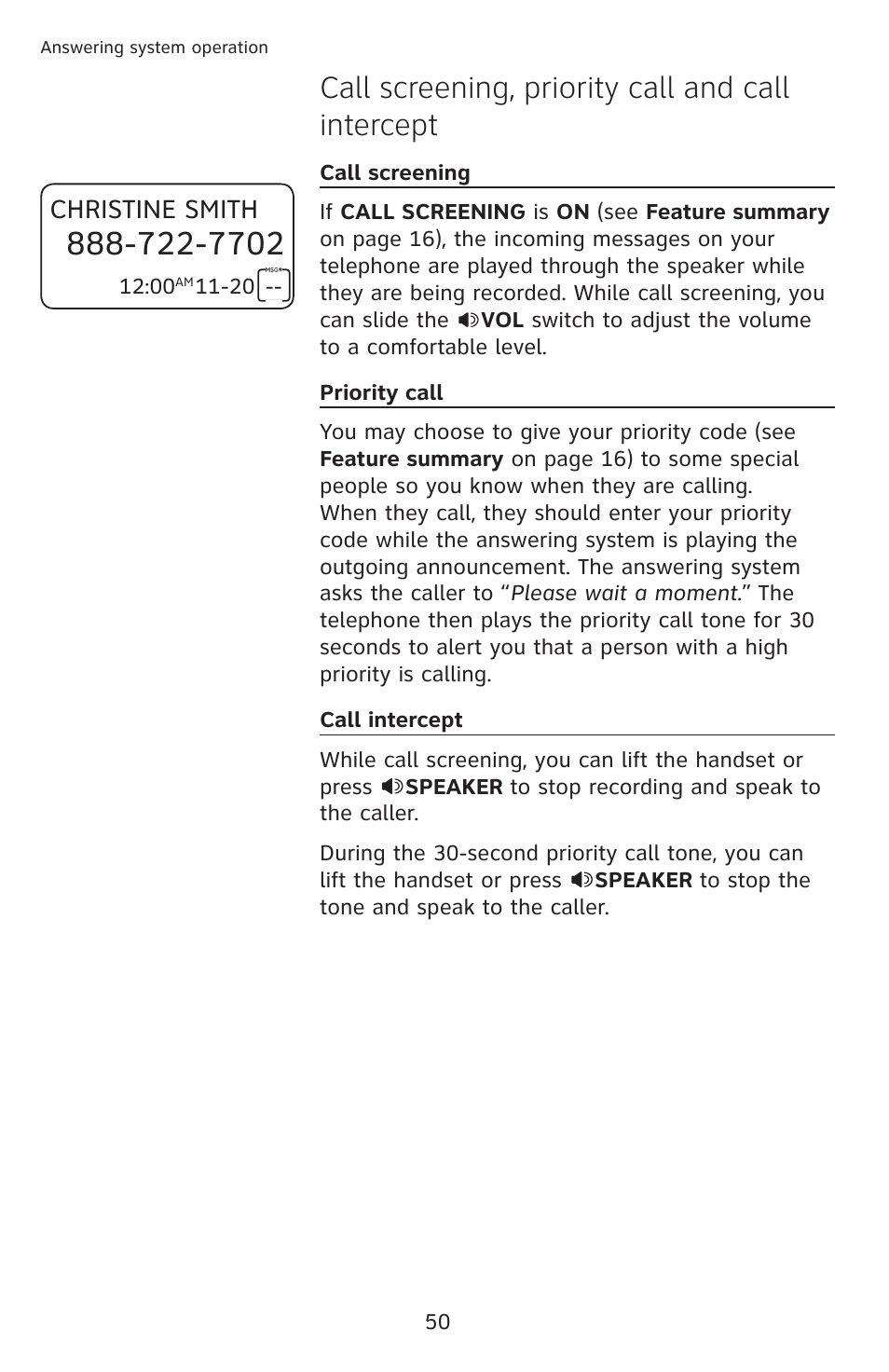 Call screening, priority call and call intercept, Christine smith | AT&T CL4939 User Manual | Page 56 / 77